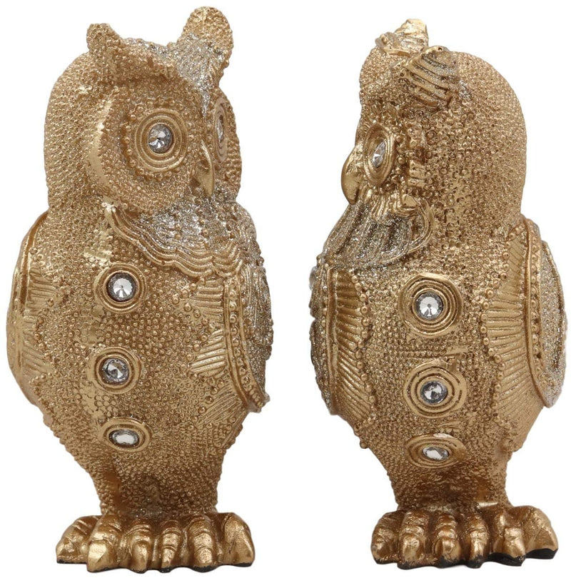 Ebros 4.75" Tall Royal Golden Owl Couple with Glitter Crystals Lace Design Figurine Set of 2 Wisdom of The Woods Wise Great Horned Owl Collectible Statue Accent Decor of Owls Theme - Ebros Gift