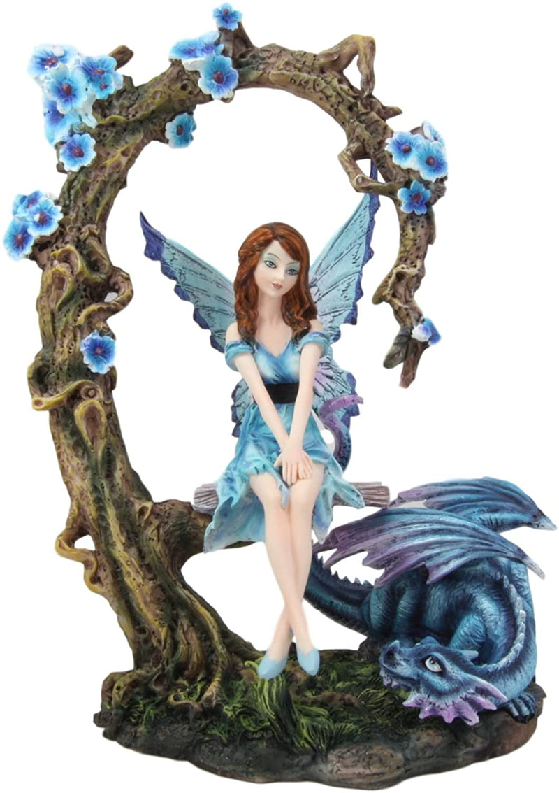 Ebros Amy Brown Fairy On Tree Swing Plank Bench by Pet Dragon Statue 10.75" Tall