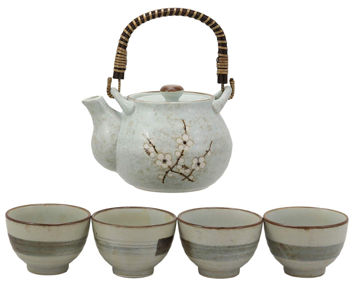 Ebros Japanese Sakura Pastel Blue Plum Cherry Blossom Porcelain Tea Pot And 4 Cups Set