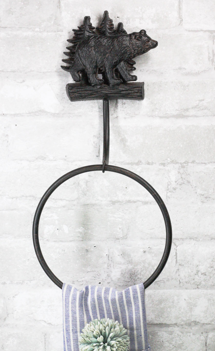 Cast Iron Rustic Cabin Bathroom Black Bear By Pine Trees Hand Towel Ring Holder