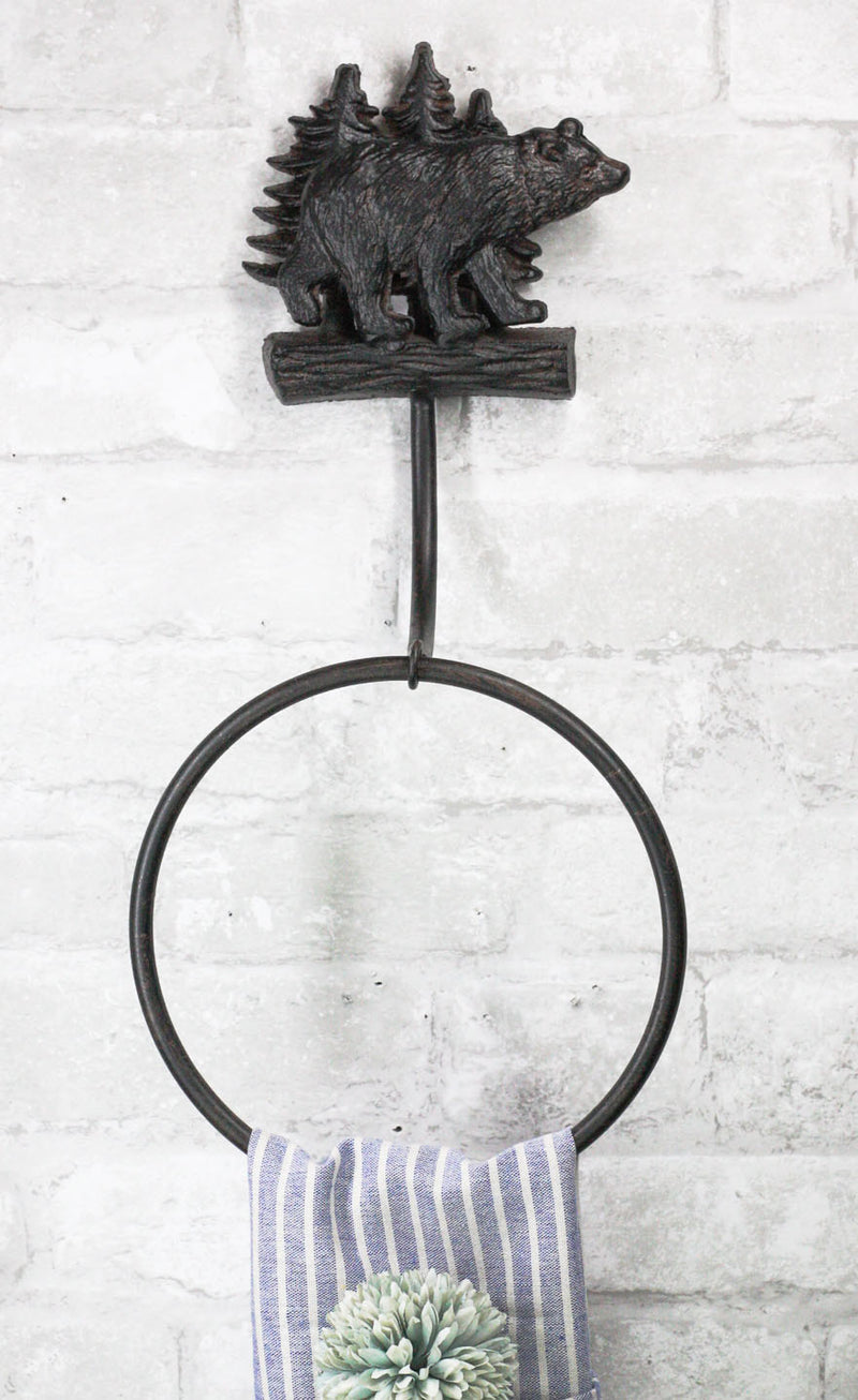 Cast Iron Rustic Cabin Bathroom Black Bear By Pine Trees Hand Towel Ring Holder