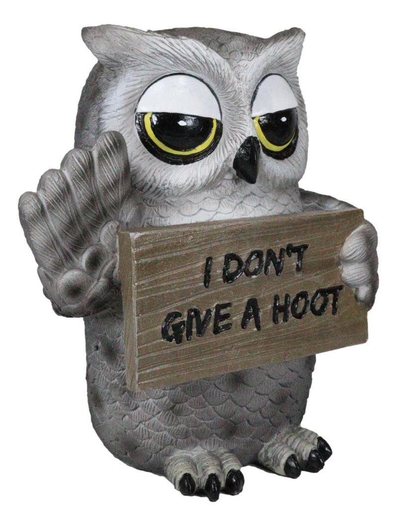 Sassy Cynical Grey Owl Flipping The Bird With I Don't Give A Hoot Sign Figurine