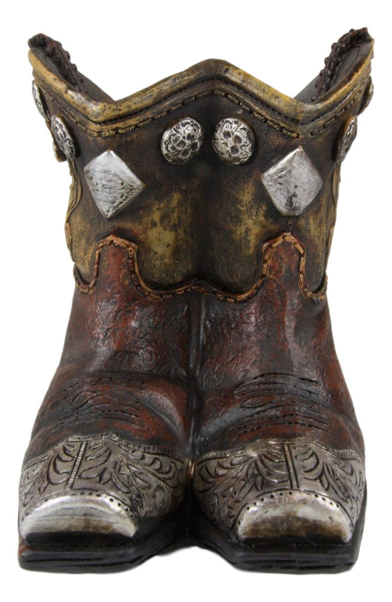 Ebros Rustic Western Cowboy Cowgirl Gold Tone Floral Boots Decorative Vase Pen Holder