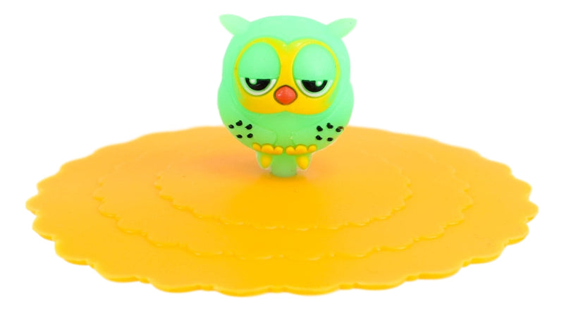 Set Of 4 Yellow Sleepy Owl Reusable Silicone Coffee Tea Cup Cover Lids Air Tight