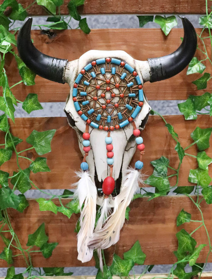Large Western Native American Turquoise And Red Web Dreamcatcher Bison Cow Skull