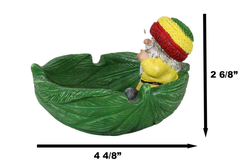 Gypsy Rasta Gnome Smoking Rolled Stash Sitting On Green Leaf Cigarette Ashtray