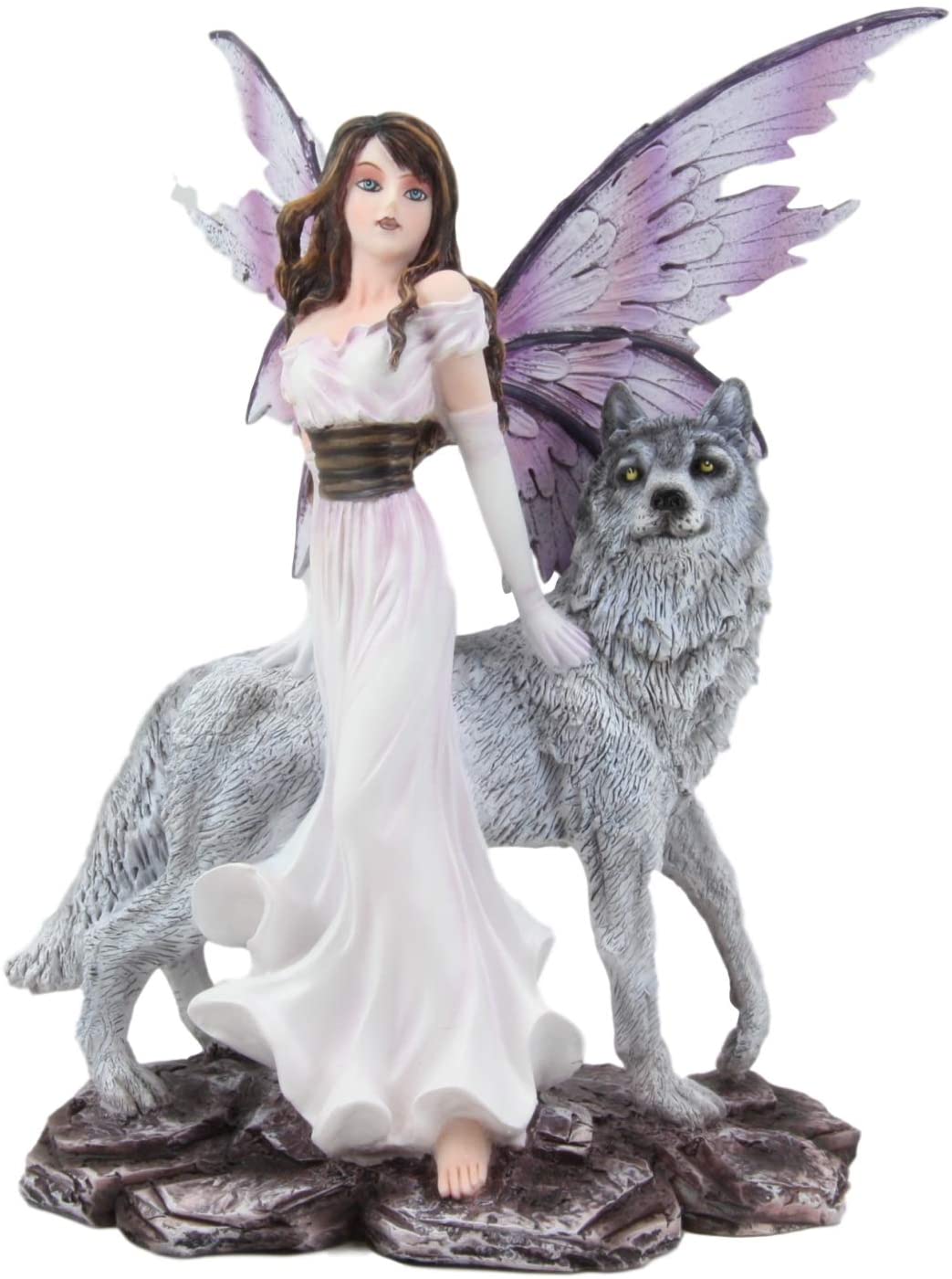 Ebros Purple Winged Fairy Diana with Alpha Snow Direwolf Wolf Statue 10" Tall