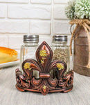 Western Tuscany Fleur De Lis Golden Flowers Salt And Pepper Shakers Holder Set