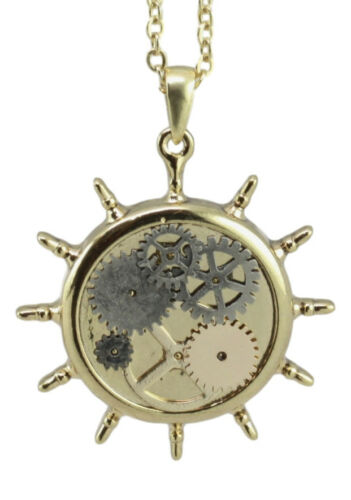 Steampunk Golden Maritime Wheel With Gearwork Clockwork Design Pewter Necklace