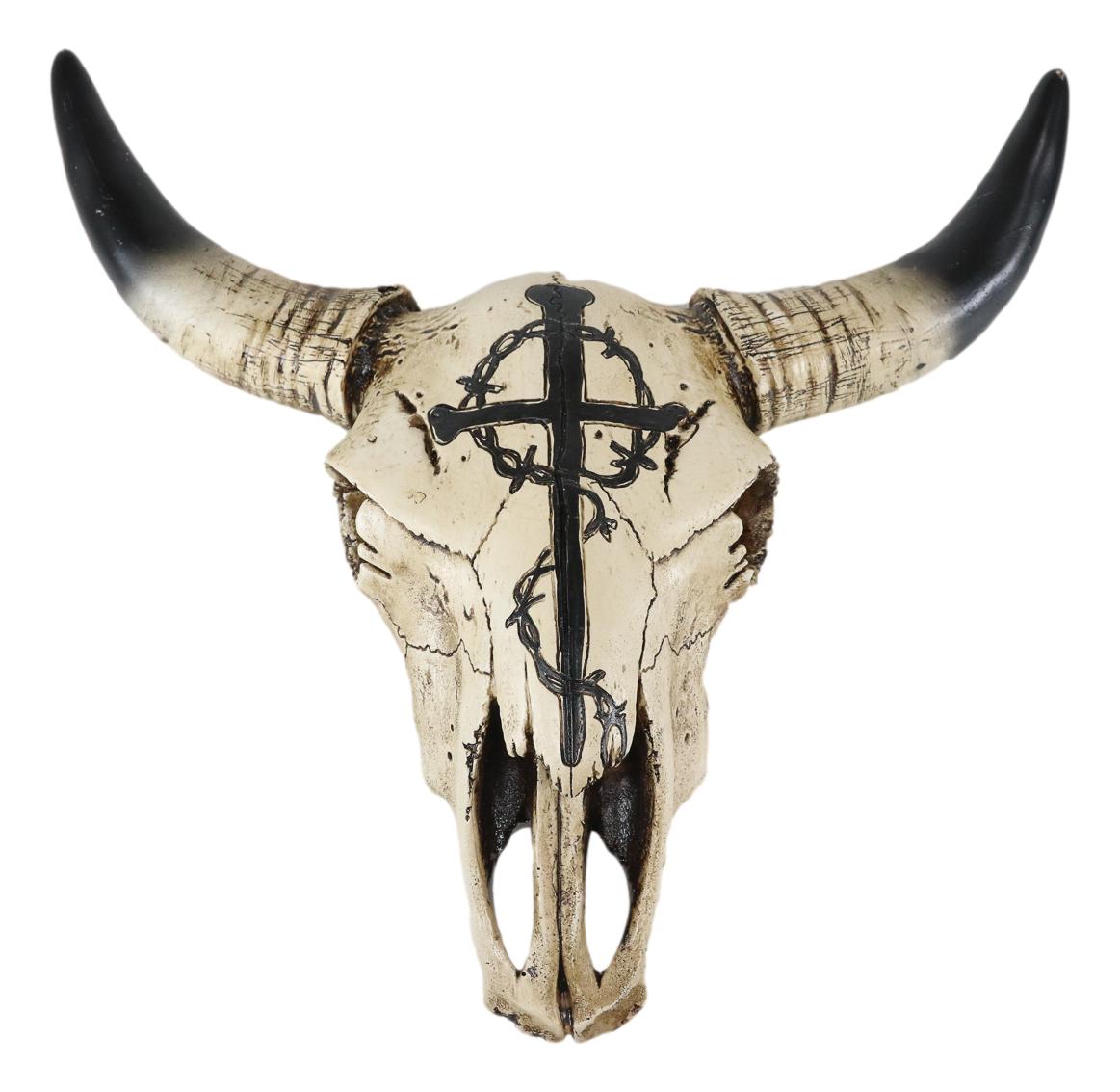 12"W Rustic Nail Spikes And Crown Of Thorns Cross Bison Bull Skull Wall Plaque - Ebros Gift