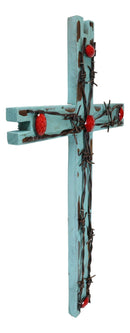 22"H Rustic Western Distressed Wood Turquoise Barbed Wires Red Gems Wall Cross