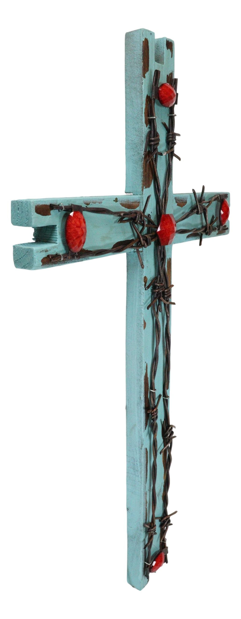 22"H Rustic Western Distressed Wood Turquoise Barbed Wires Red Gems Wall Cross
