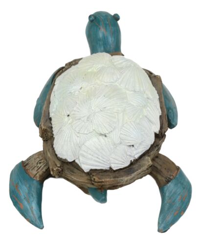 Nautical Sea Turtle With White Clam Shells In Faux Distressed Wood Finish Statue