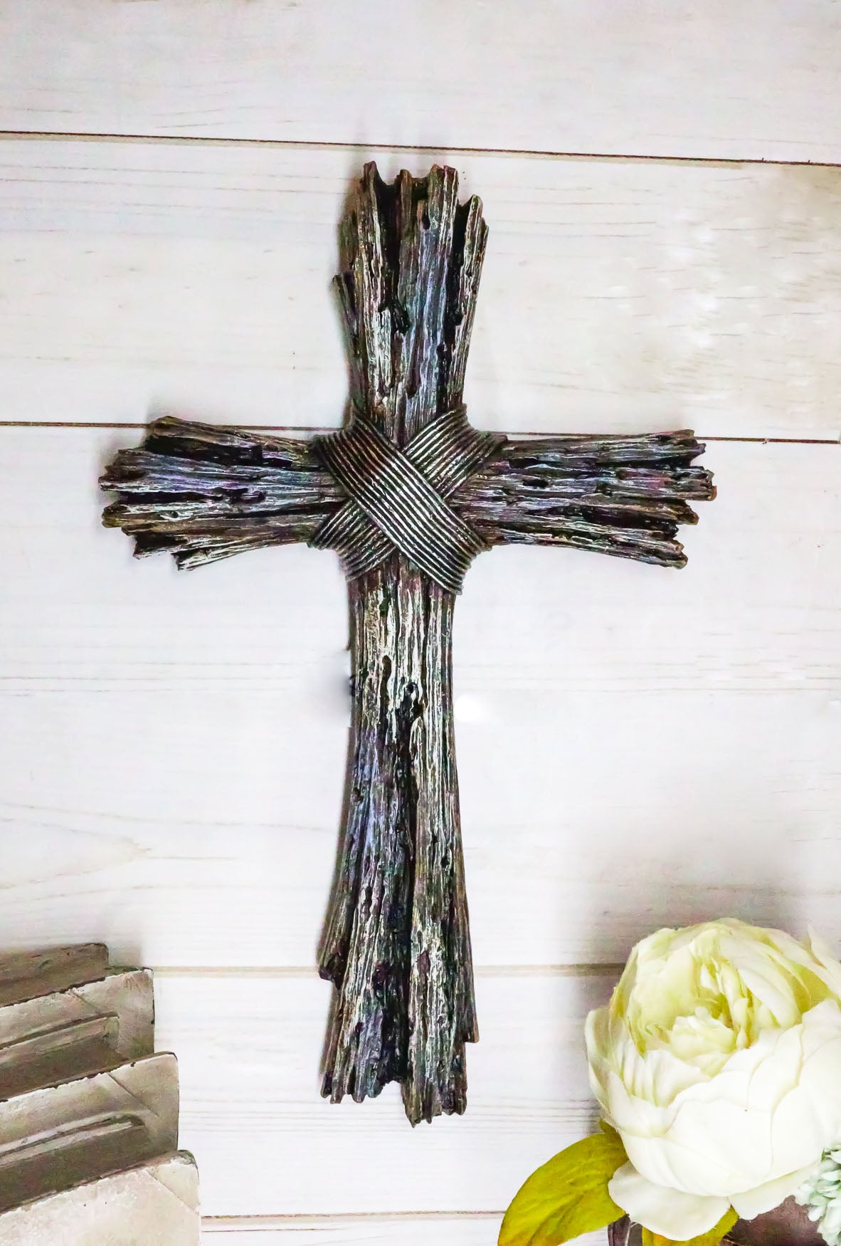 Ebros Rustic Faux Resin Driftwood Finish Crucifix Rugged Wall Cross Decor 13"H - Ebros Gift