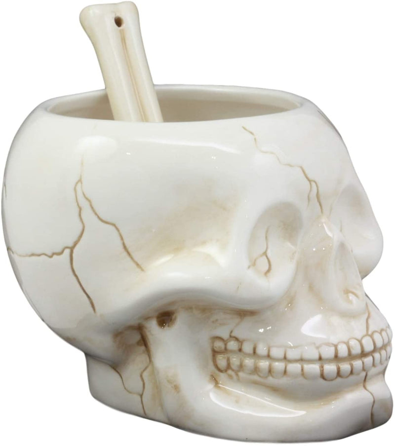 Ebros Ceramic Homosapien Human Skull Bowl With Skeletal Hand Spoon 6"Long 32oz