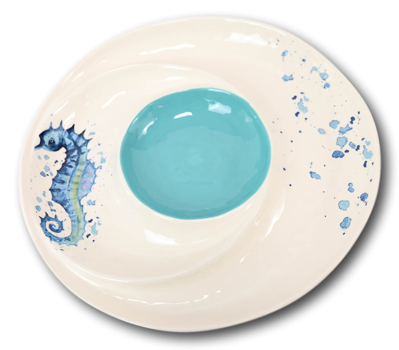 Nautical Blue White Seahorse Ceramic Chips Salsa Family Serving Platter Plate