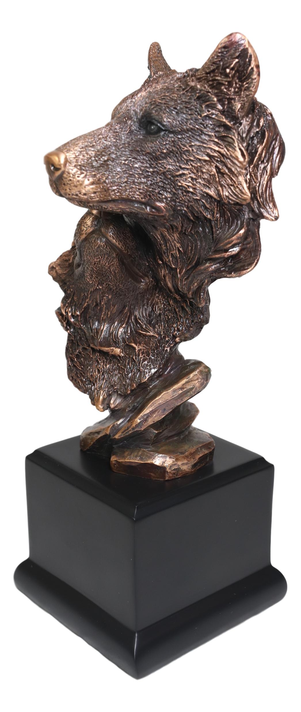 Ebros Forest Moonlight Lovers 2 Wolves Bust Bronze Electroplated Resin Statue - Ebros Gift