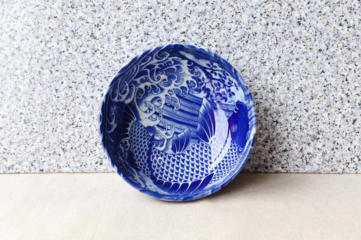 Pack Of 4 Made In Japan Feng Shui Koi Fish Blue Large 42oz Serving Soup Bowls