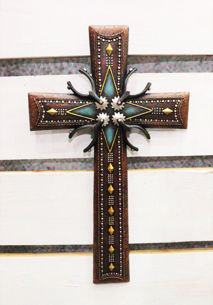 18"H Rustic Western Cowboy Tooled Leather Stars Diamonds Spurs Wall Cross Decor