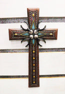 18"H Rustic Western Cowboy Tooled Leather Stars Diamonds Spurs Wall Cross Decor