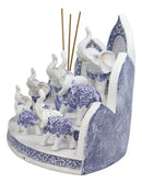 Blue And White Miniature Thai Elephants With Buddha Shrine Display Figurine Set