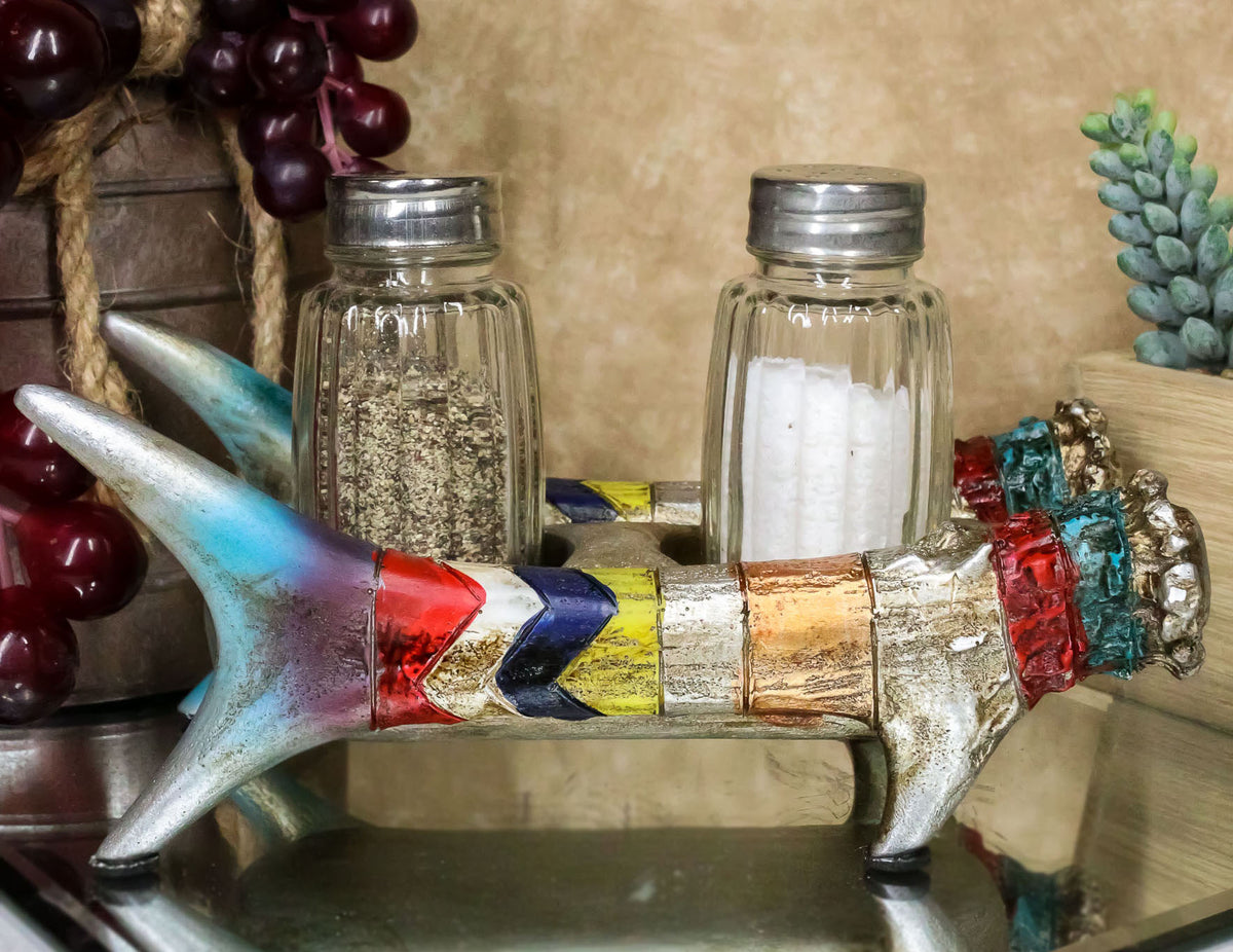 Rustic Colorful Southwestern Buckhorn Antlers Deer Salt Pepper Shakers Holder