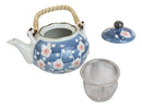 Japanese Cherry Blossom Blue Ceramic 24oz Tea Pot With 4 Cups And Strainer Set