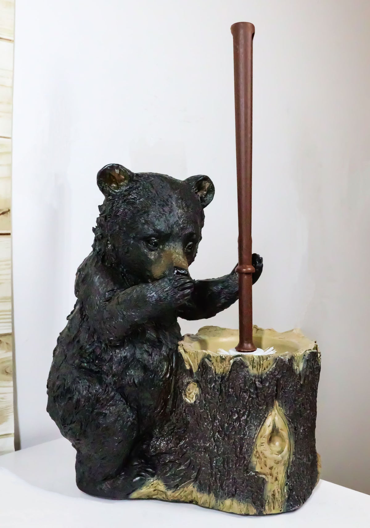 Ebros Rustic Cabin Lodge Decor Whimsical Black Bear Forest Stinky Potion Toilet Brush and Tree Stump Base Holder Bathroom Gift 2 Piece Set