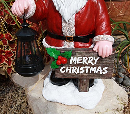 Ebros Jolly Seasons Merry Christmas Santa Claus Holding Greeting Sign Decorative Statue With Solar LED Light Lantern Lamp 16.5"H As Home Patio Welcome Entrance Decor Guest Greeter Figurine - Ebros Gift