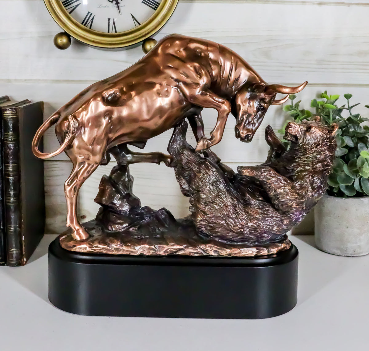 Wall Street Stock Market Charging Bull Trouncing Bear Statue With Pedestal Base