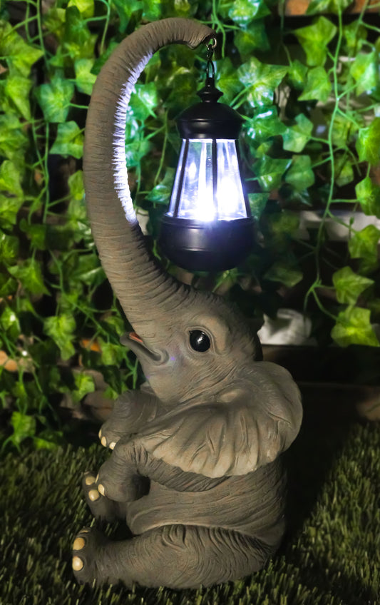 Ebros Elephant Pachyderm Safari Figurine W/ Solar LED Light Lantern 16.25"H - Ebros Gift