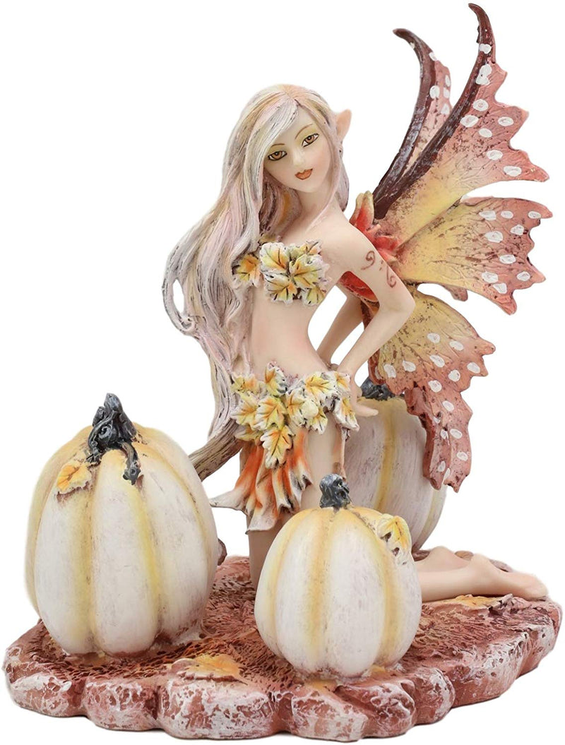 Ebros Amy Brown Autumn Maple Elf Fairy with White Pumpkins Statue 5" Long