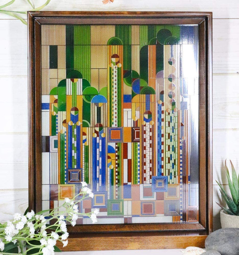 Ebros Frank Lloyd Wright Cactus Flowers Stained Glass Plaque Wall Hanger 15"H