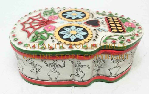 Day of the Dead DOD White Sugar Skull Jewelry Trinket Box Figurine 5.5" Long