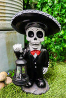 Day Of The Dead Skeleton Mariachi Singer Statue With Solar Powered Lantern LED