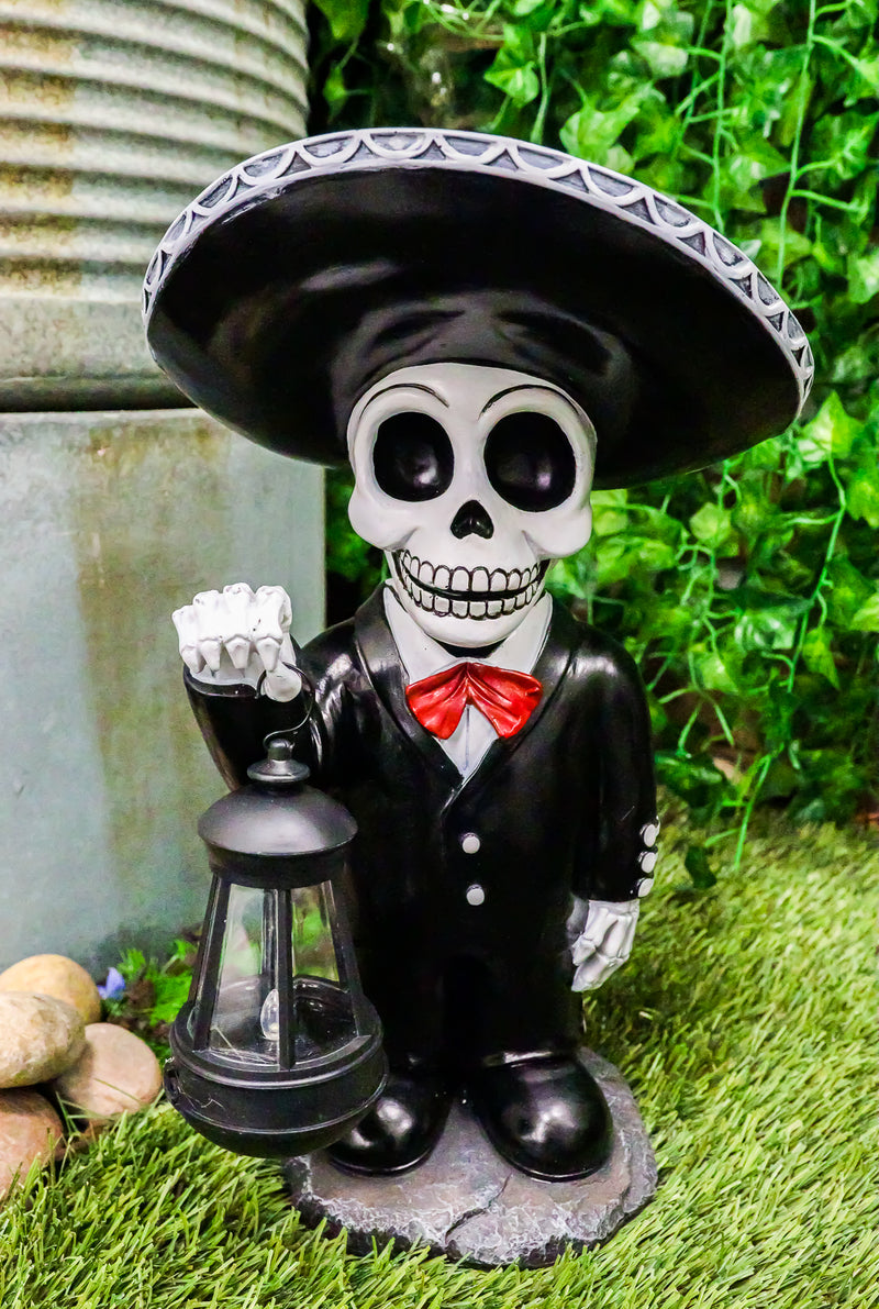 Day Of The Dead Skeleton Mariachi Singer Statue With Solar Powered Lantern LED