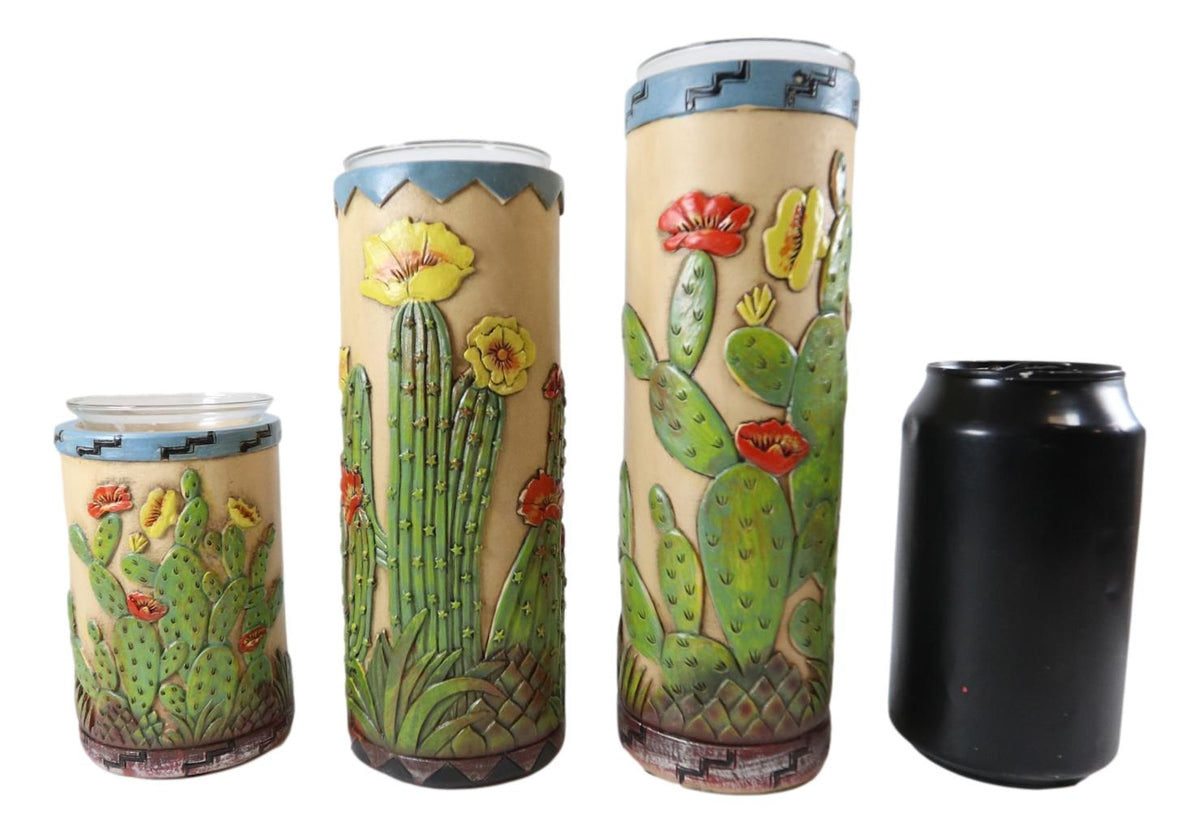 Southwestern Desert Cactus With Blooming Flowers Votive Candle Holders Set Of 3