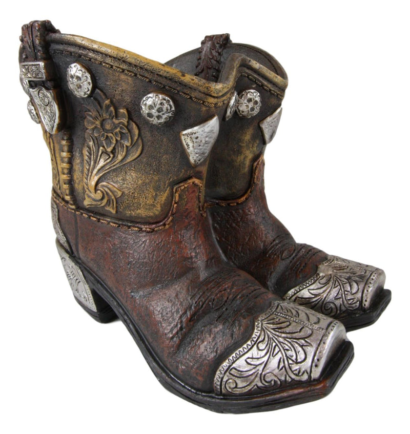 Ebros Rustic Western Cowboy Cowgirl Gold Tone Floral Boots Decorative Vase Pen Holder