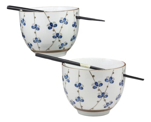 Japanese Design Ceramic String Flowers Ramen Noodles Bowl & Chopsticks Set of 2