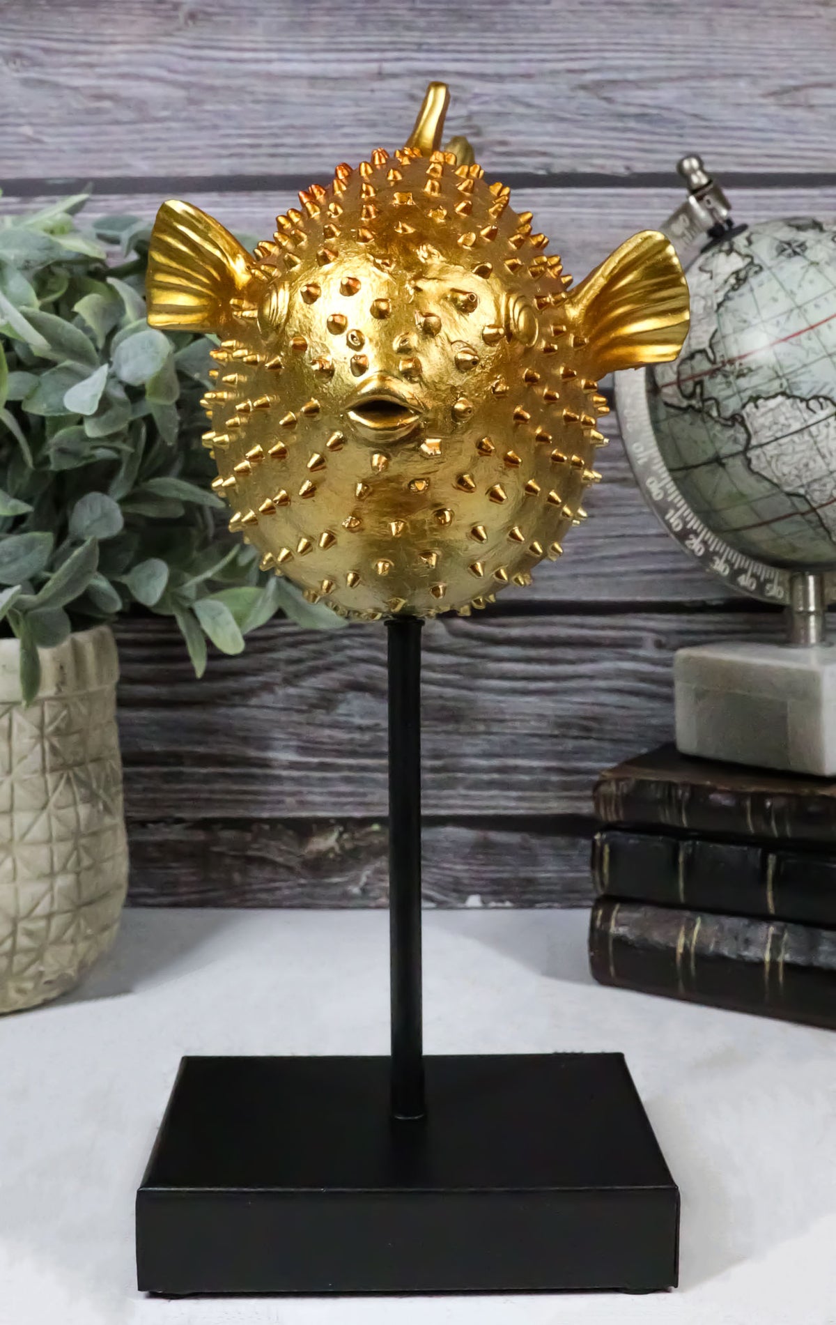 Nautical Marine Faux Taxidermy Golden Pufferfish Fish Sculpture On Pole Mount - Ebros Gift