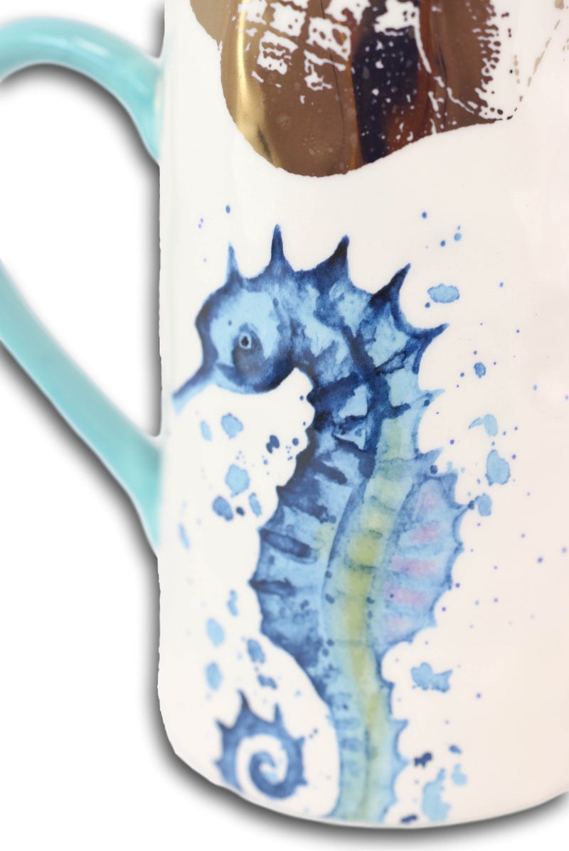Nautical Marine Blue White Seahorse Ceramic Hot Or Cold Drink Jug Pitcher 35oz
