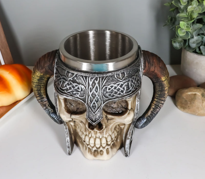 Ebros Viking Ram Horned Warrior Skull With Battle Helmet Tankard Cup Mug 13oz