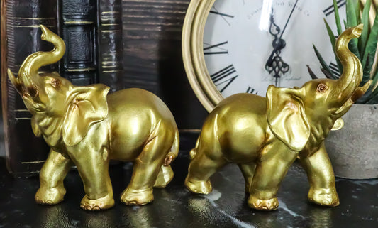 Feng Shui Gold Patina Elephant Left And Right Pair Figurines With Trunks Up - Ebros Gift