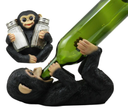 Ebros Rainforest Monkey Baby Chimpanzee Wine Holder and Salt Pepper Shakers Set