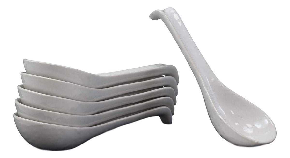 Ebros Japanese Modern Porcelain Soup Spoons With Ladle Hook Pack Of 6 (White) - Ebros Gift