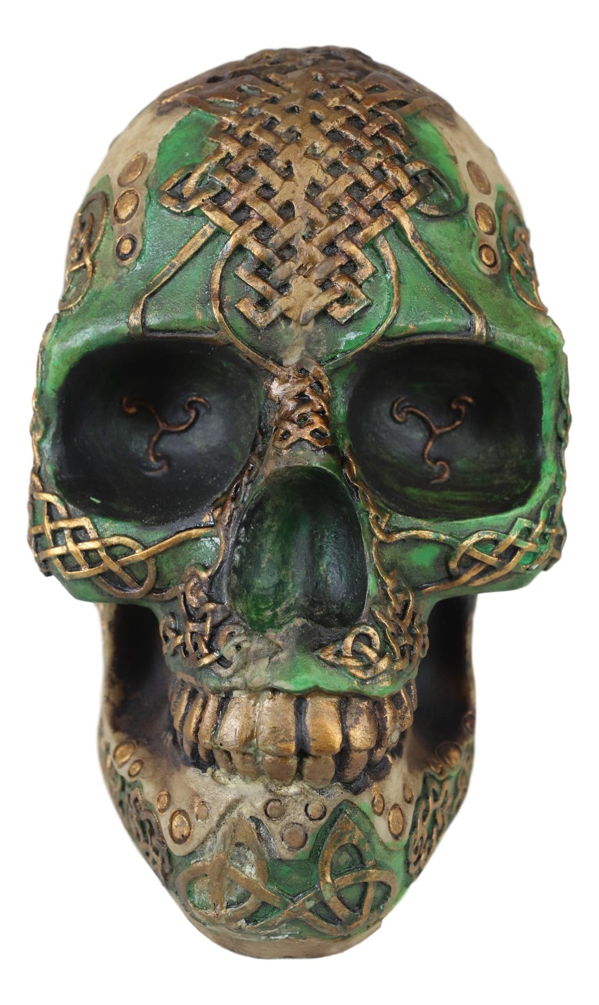 Ebros Gift Celtic Knotwork Shamrock Lion Green Gold Skull Money Bank Figurine Ossuary Labyrinth Dark Arts Decor Statue