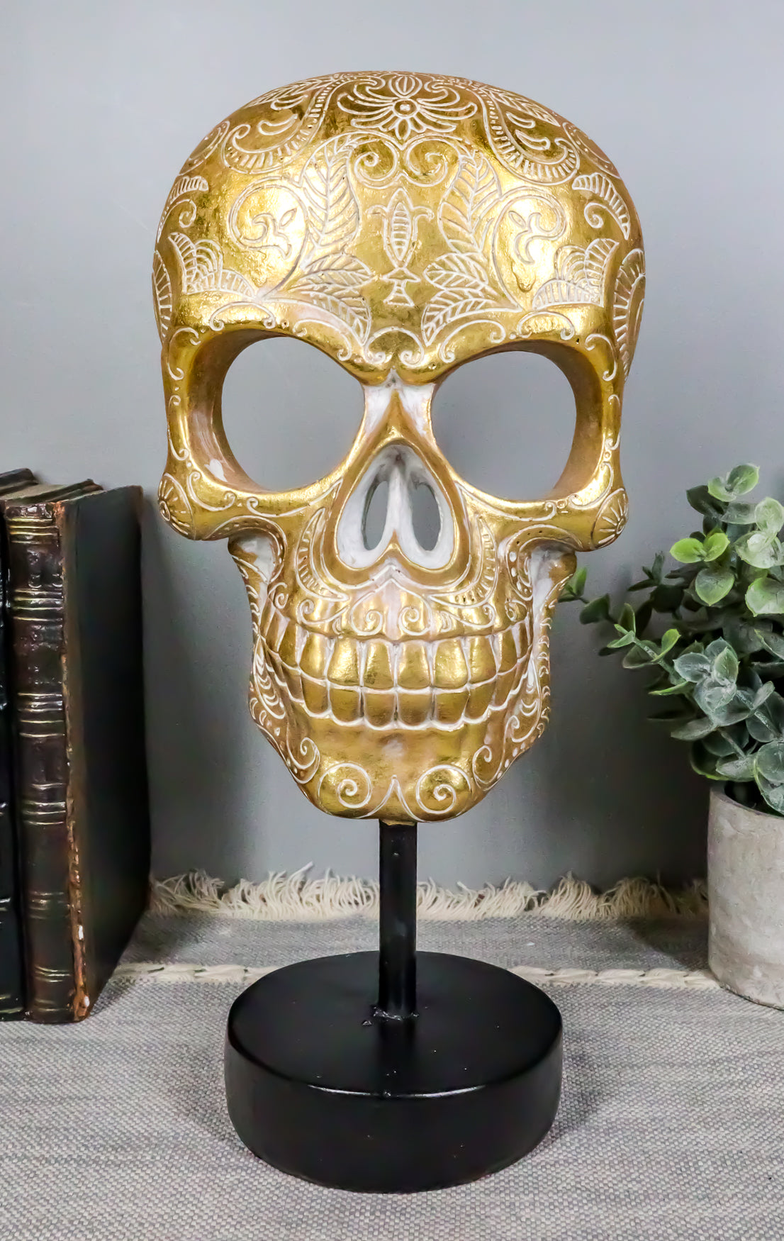 Day Of The Dead Golden Tooled Floral Sugar Skull Mask Sculpture On Museum Stand