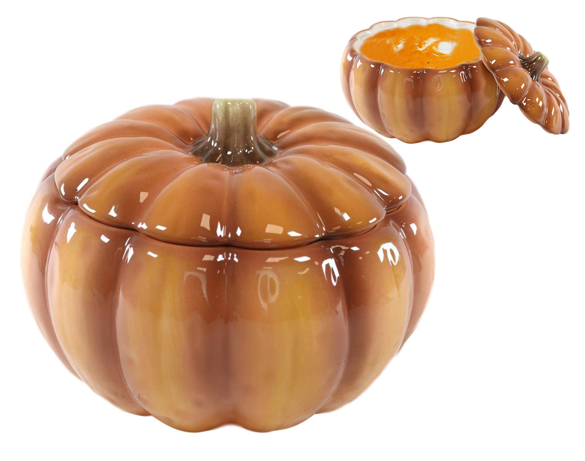 Ebros Home And Kitchen Orange Ceramic Pumpkin Soup Or Dessert Bowl With Lid Set of 2