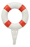 Ebros Gift 6.5"Tall Cast Iron Nautical Coastal Sailor Lifeguard Life Ring Buoy White With Red Stripes Wall Hook (1) - Ebros Gift
