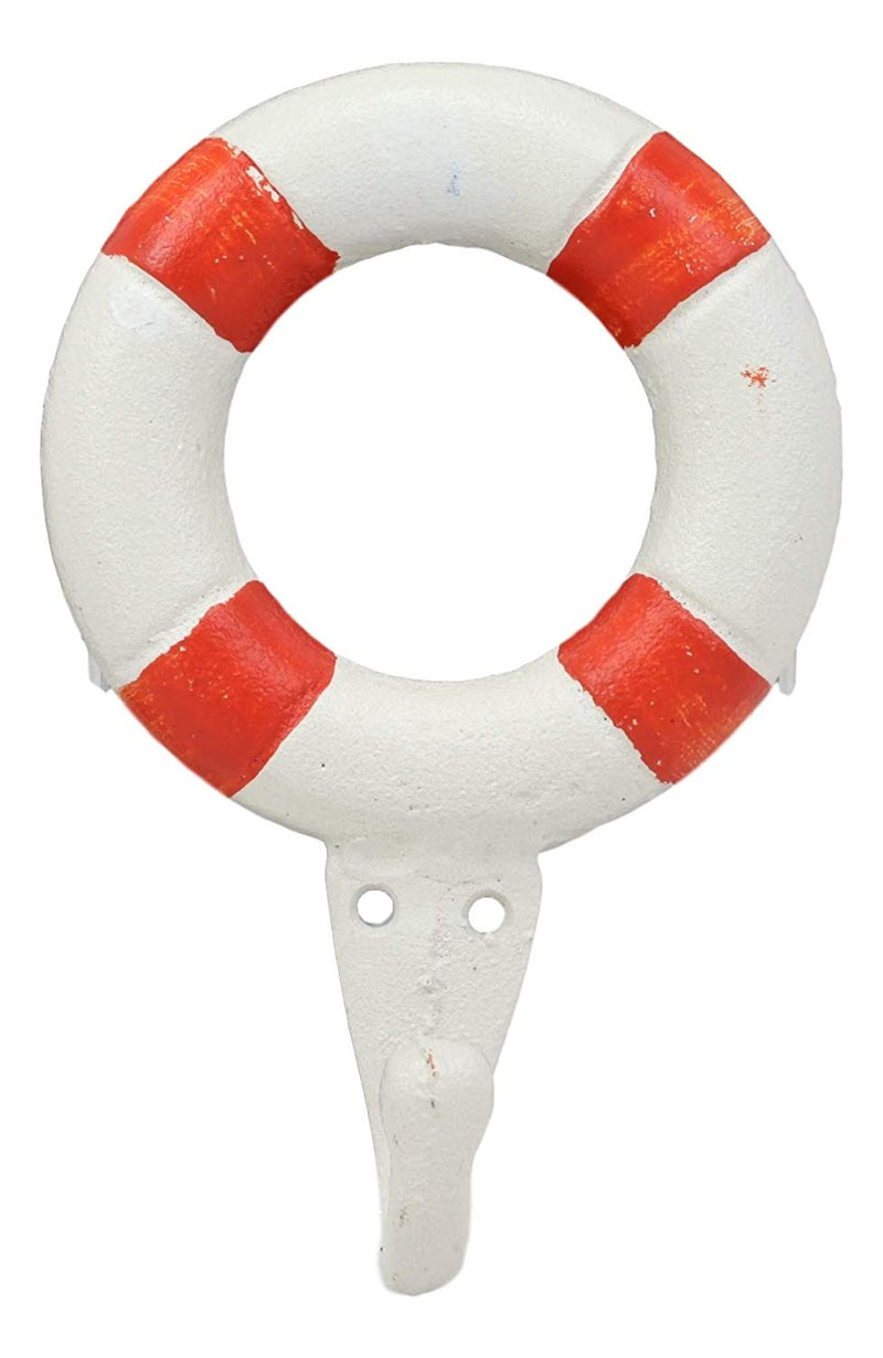 Ebros Gift 6.5"Tall Cast Iron Nautical Coastal Sailor Lifeguard Life Ring Buoy White With Red Stripes Wall Hook (1) - Ebros Gift